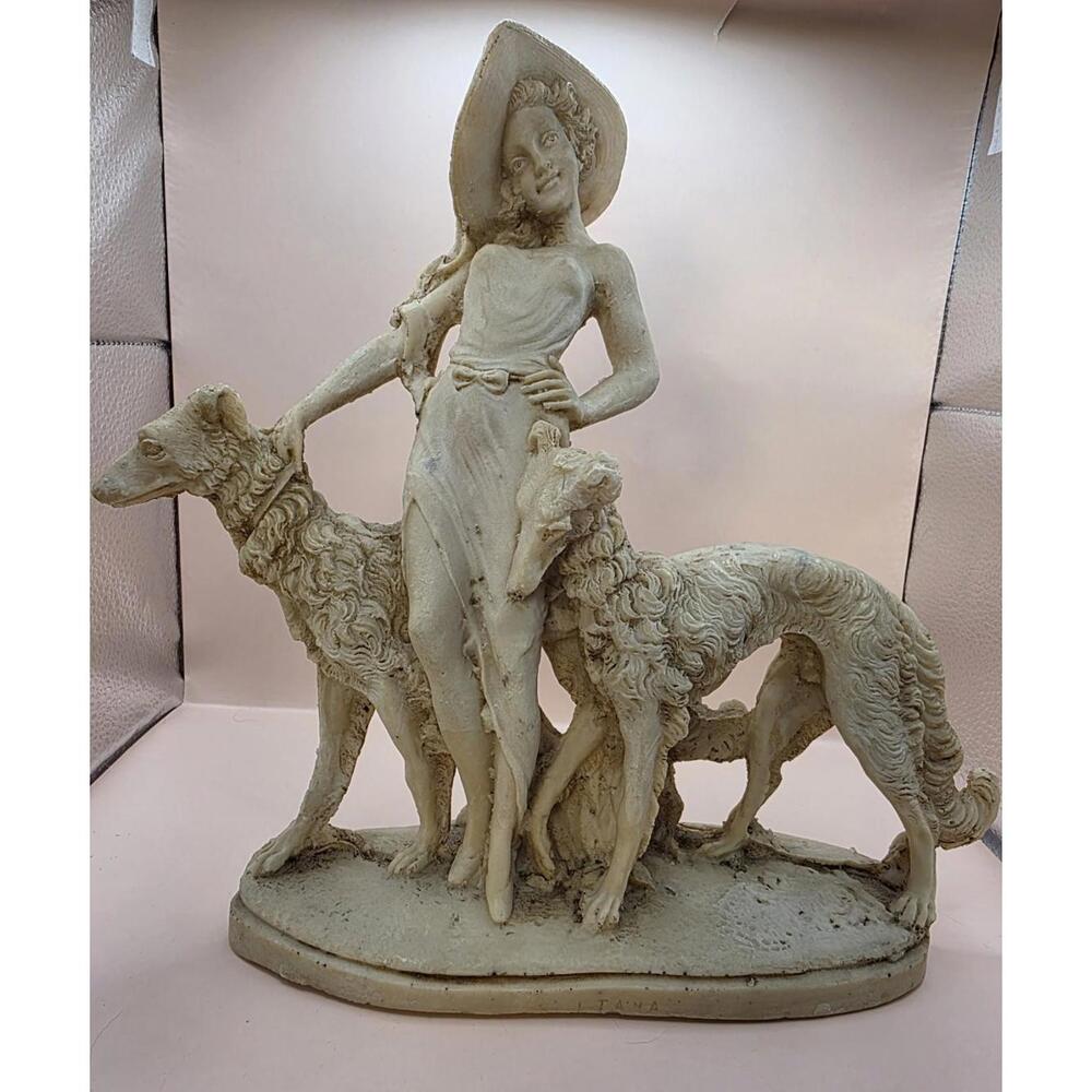 11.25" Art Deco Resin Statue Lady in a Hat w/2 Wolfhound Borzoi Dogs 1920s Style